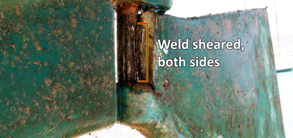 Sheared welds Hallberg-Rassy rudder